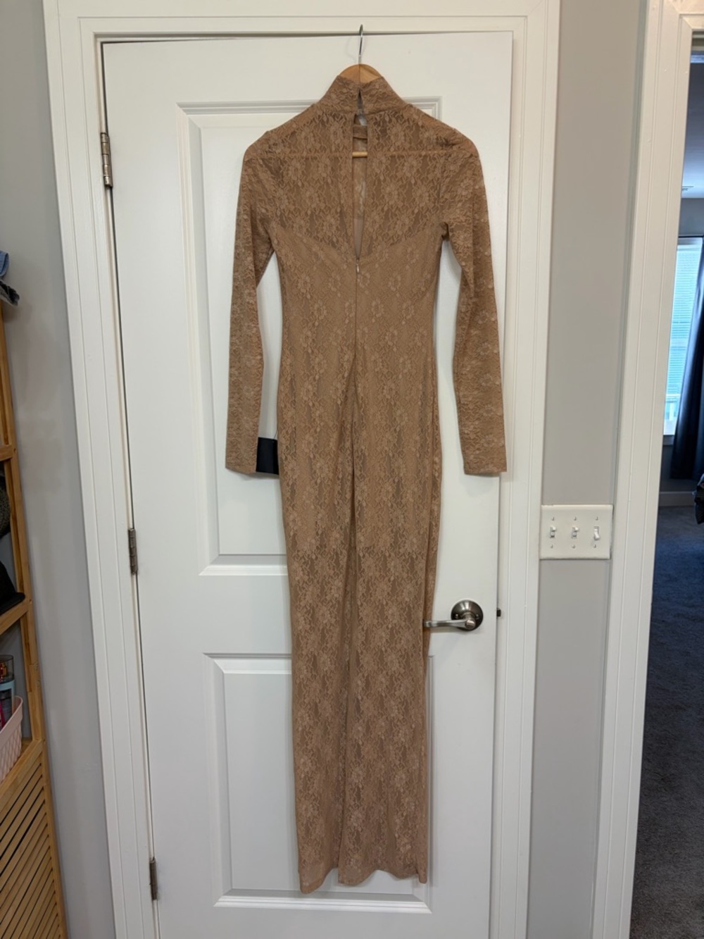 Lulu's Long Sleeve Lace Maxi Dress in Taupe